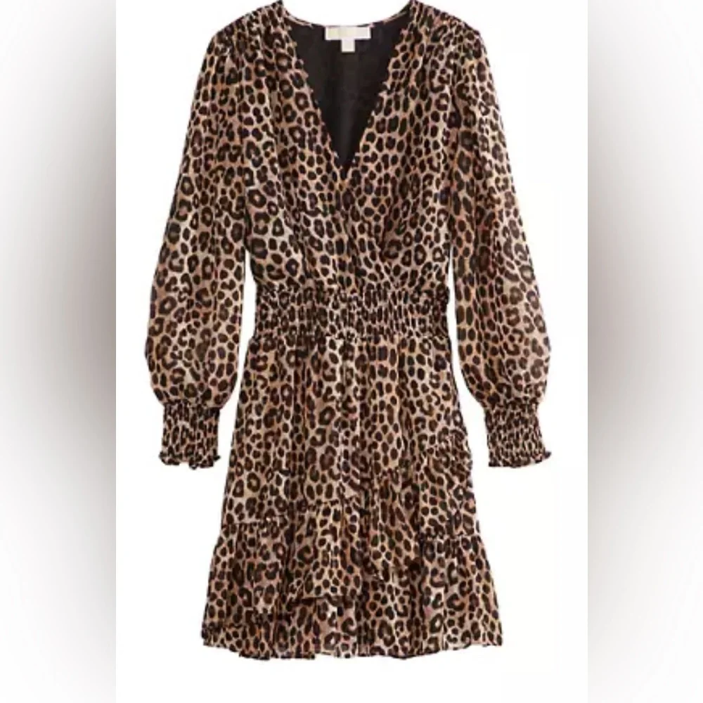 🟤NEW! MICHAEL KORS Smocked Waist Animal Print Dress in Brown/Ivory/Black Sz 1X